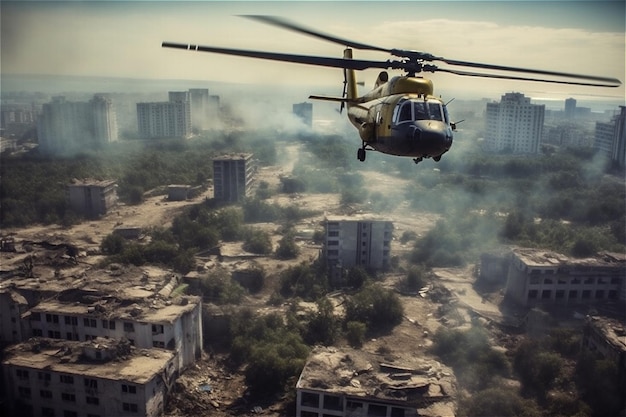 Fond de champ de bataille de la guerre de la ville avec hélicoptère sur des bâtiments détruits par l'air AI générative