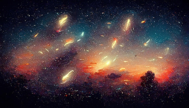 Fond de ciel abstrait art galaxies univers étoiles planètes nuages sombres dans la nuit fantasy fairy tail