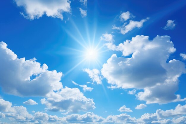 Fond de ciel bleu et de nuages blancs avec le soleil