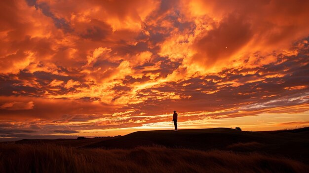 Sur le fond d'un ciel de feu, le golfeur au coucher du soleil ressent une vague d'adrénaline. Sa passion pour le jeu est allumée par le drame du ciel du soir.