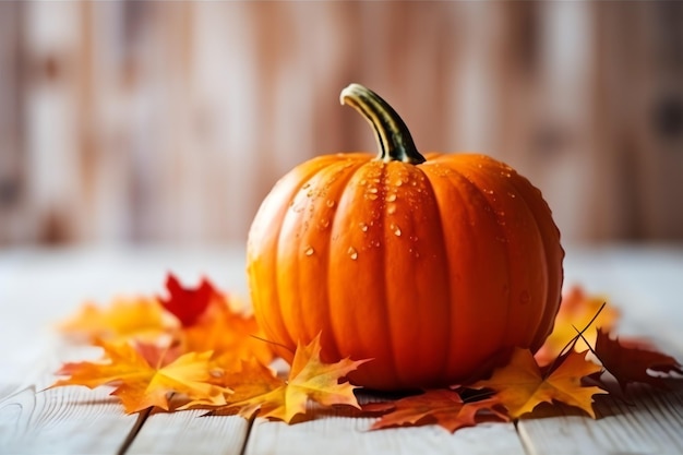 Fond de citrouille décoratif et feuilles d'automne sèches sur arrangement en bois à l'intérieur du concept Halloween