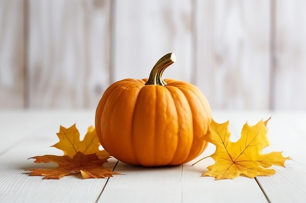 Fond de citrouille décoratif et feuilles d'automne sèches sur arrangement en bois à l'intérieur du concept Halloween