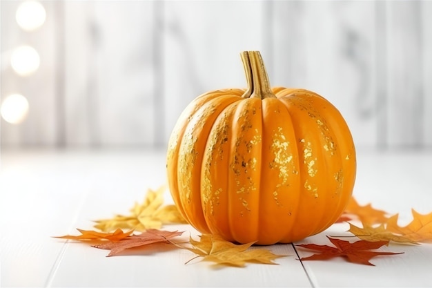 Fond de citrouille décoratif et feuilles d'automne sèches sur arrangement en bois à l'intérieur du concept Halloween