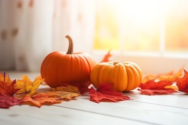 Fond de citrouille décoratif et feuilles d'automne sèches sur arrangement en bois à l'intérieur du concept Halloween