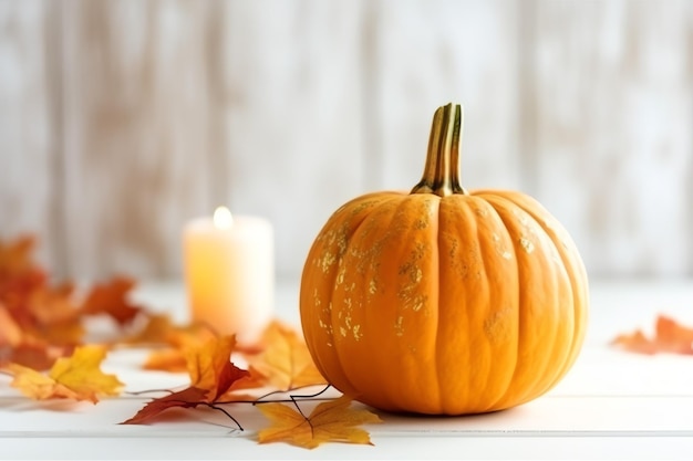 Fond de citrouille décoratif et feuilles d'automne sèches sur arrangement en bois à l'intérieur du concept Halloween