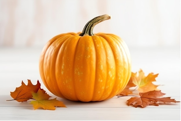 Fond de citrouille décoratif et feuilles d'automne sèches sur arrangement en bois à l'intérieur du concept Halloween