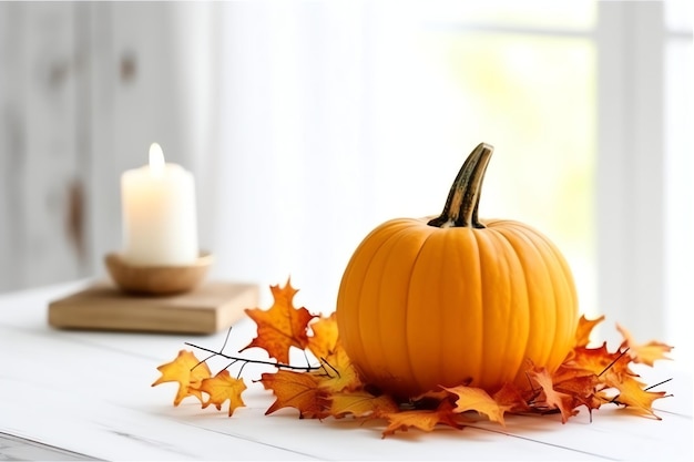 Fond de citrouille décoratif et feuilles d'automne sèches sur arrangement en bois à l'intérieur du concept Halloween