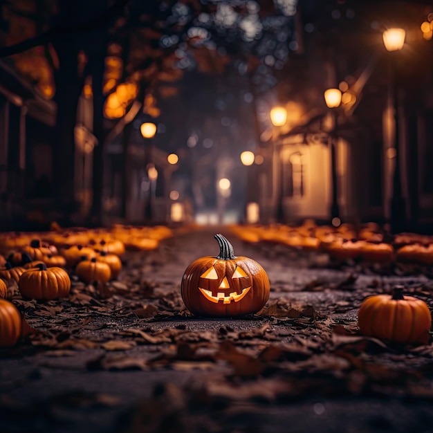 Photo fond de citrouille d'halloween citrouilles rougeoyantes orange sur une allée mystique avec des lanternes et des arbres