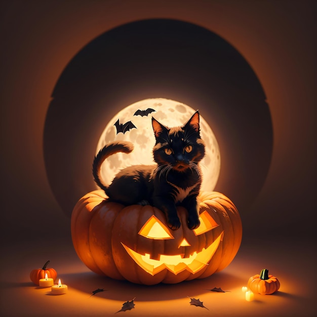 Photo fond de citrouille mignon halloween avec chat noir sur une pleine lune