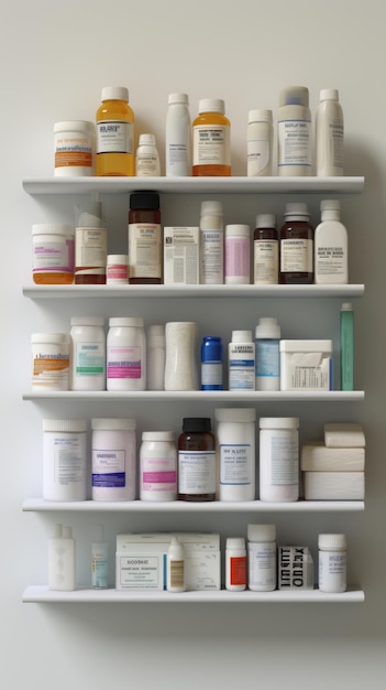 Sur un fond clair, des étagères avec des médicaments médicaux.