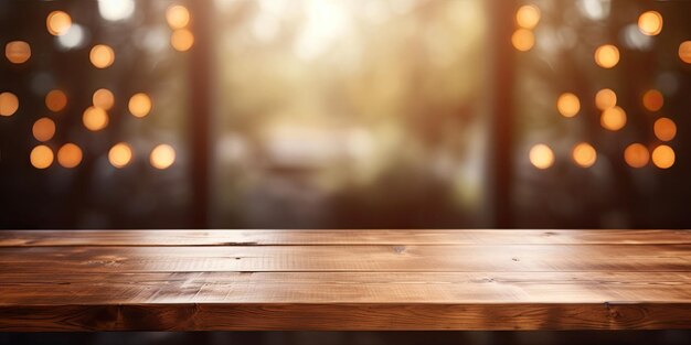 Fond clair de fenêtre floue derrière l'image de la table en bois