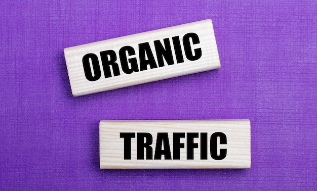 Sur fond clair lilas, blocs de bois clair avec le texte ORGANIC TRAFFIC