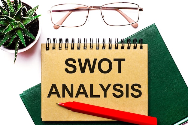 Sur un fond clair des lunettes dorées une fleur dans un pot un cahier vert un stylo rouge et un cahier marron avec le texte SWOT ANALYSIS Business concept