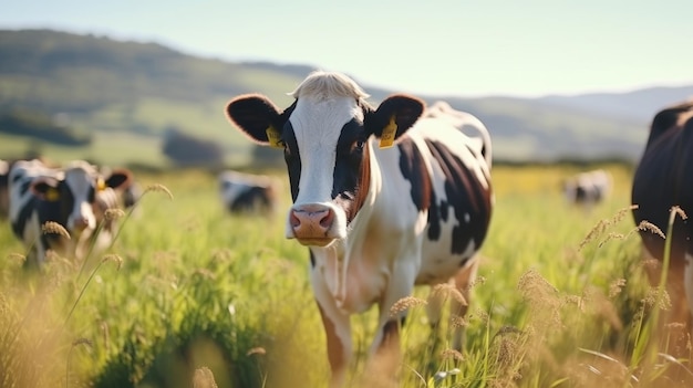 Sur un fond de collines vallonnées, un troupeau de vaches satisfaites paît sur un pâturage cultivé de manière biodynamique.