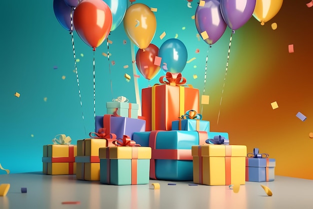 Un fond coloré avec des ballons et des cadeaux qui disent "joyeux anniversaire"