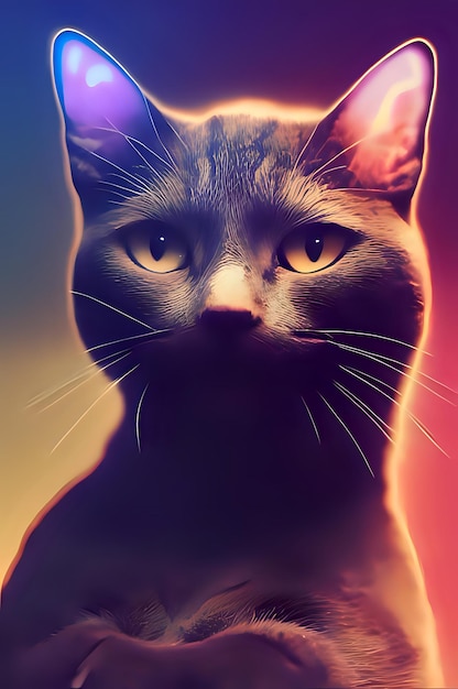 Fond coloré avec un beau chat gris