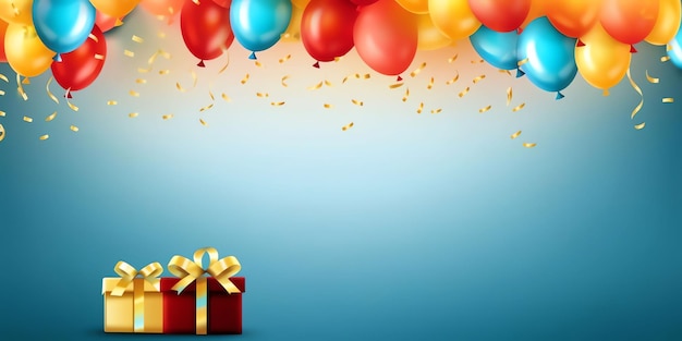 Un fond coloré avec une boîte-cadeau et des confettis.