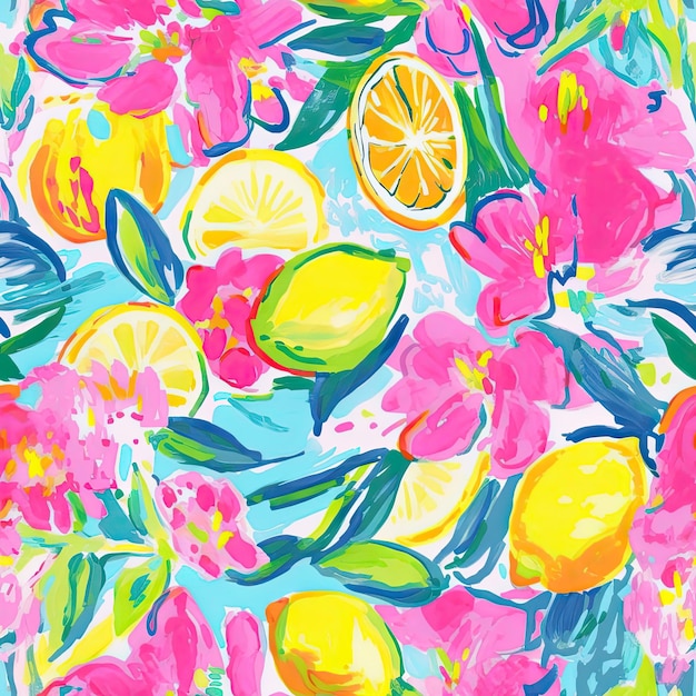 un fond coloré avec un bouquet de fleurs et de citrons