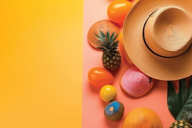 Un fond coloré avec un chapeau et des fruits dessus