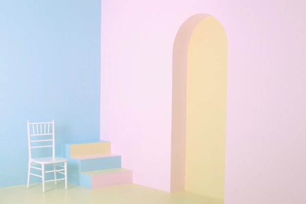 Fond coloré de couleurs pastel, coin maison minimaliste avec escalier et chaise en bois blanc, photographie d'art