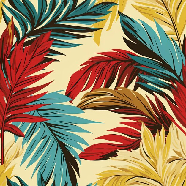 un fond coloré avec des feuilles tropicales et une feuille de palmier rouge et verte