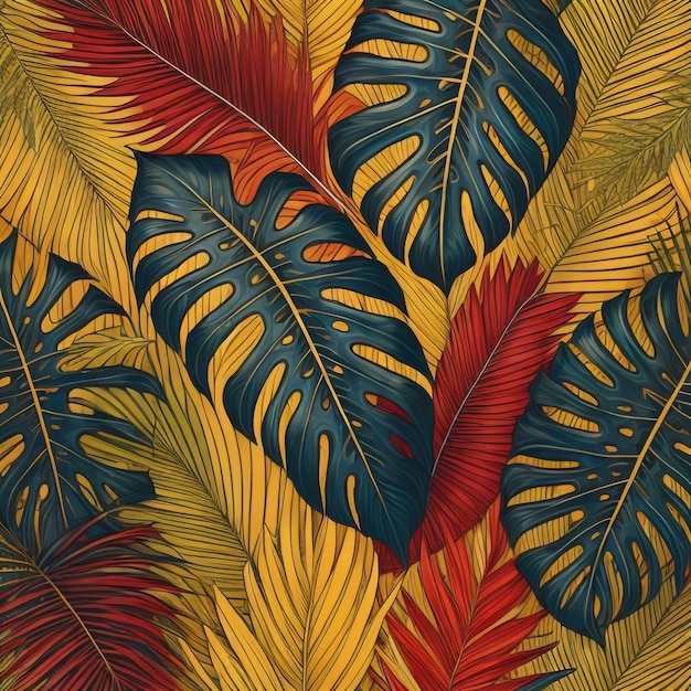 Un fond coloré avec des feuilles tropicales et le mot exotique en rouge et jaune.