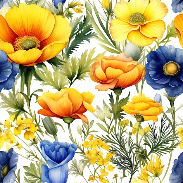 un fond coloré avec des fleurs jaunes et bleues.