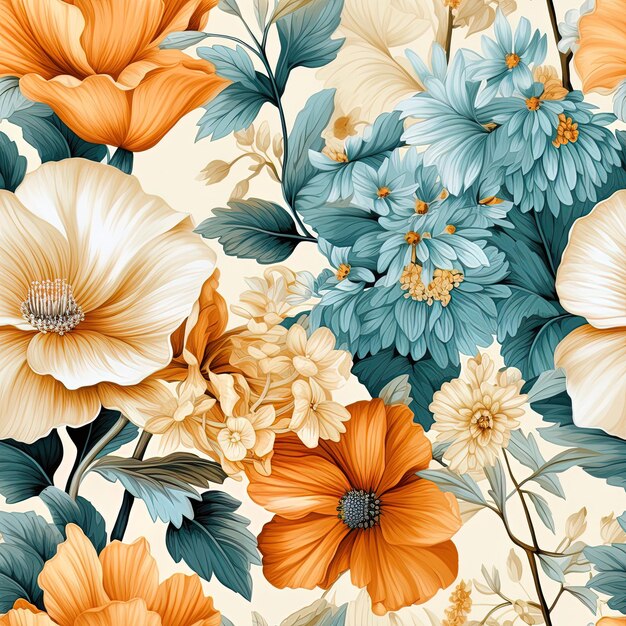 un fond coloré avec des fleurs orange et bleue