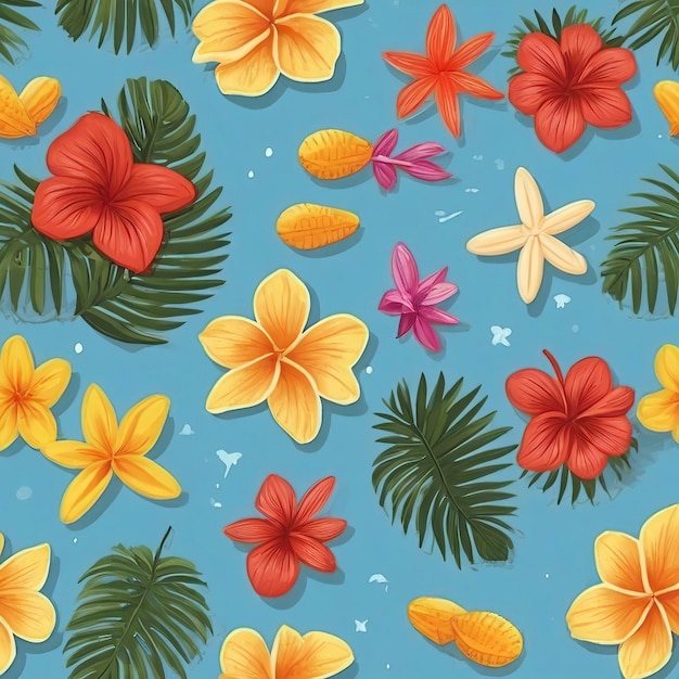 un fond coloré avec des fleurs tropicales et des papillons