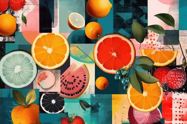 Fond coloré de fruits et de baies Affiche de nourriture de style rétro grunge des années 60 AI générative