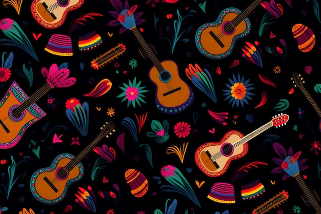 Un fond coloré avec des guitares et des fleurs dessus