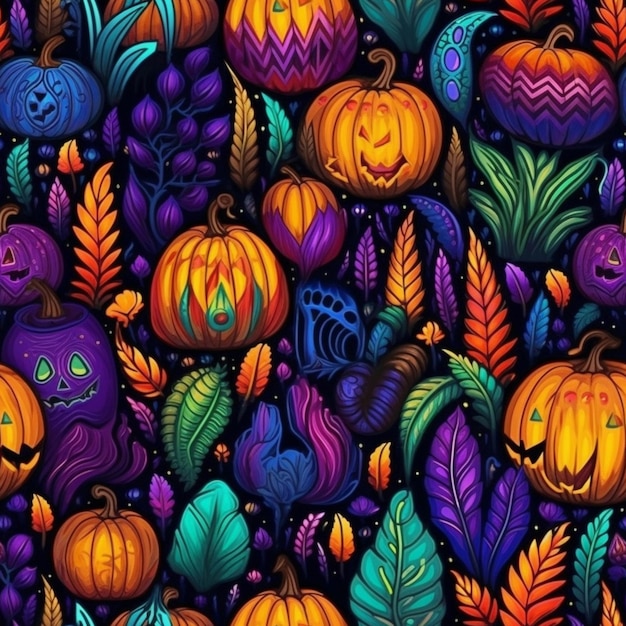 Un fond coloré d'halloween avec des citrouilles et des feuilles génératives ai