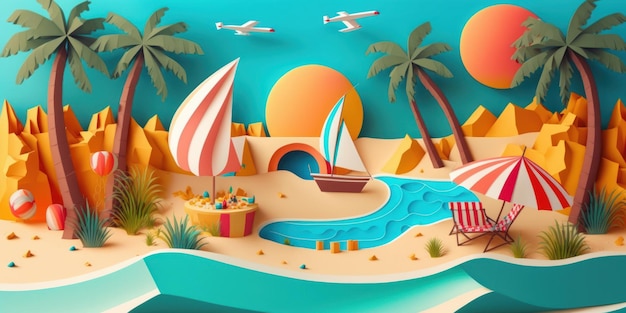 Fond coloré de l'heure d'été avec la mer tropicale AI générative de style artisanal en papier