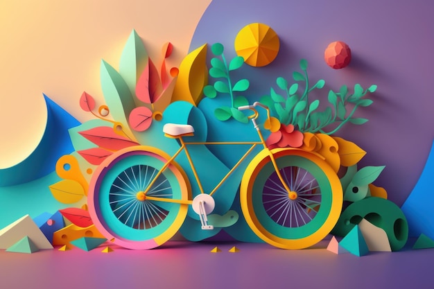 Fond coloré de la journée mondiale du vélo dans un style papier découpé Concept de vélo écologique AI générative