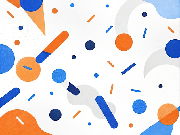 un fond coloré avec un motif de confetti et des cercles orange et bleus
