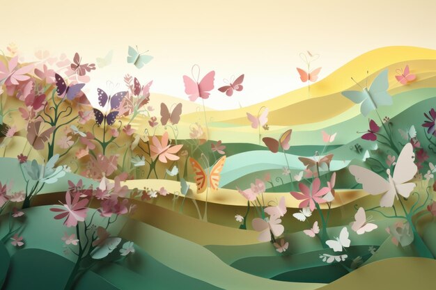 Un fond coloré avec des papillons et des fleurs au premier plan.