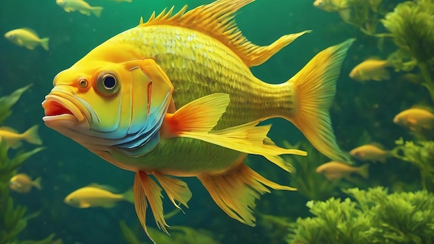 Un fond coloré avec des poissons jaunes et verts et les mots