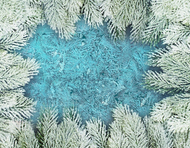 Fond de composition de Noël Fenêtre d'hiver avec branche de sapin vert et givre blanc sur verre gelé bleu