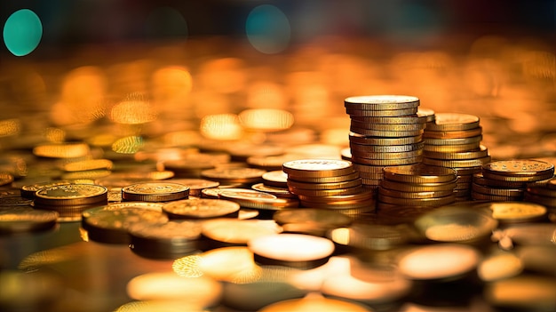 Fond de concept d'argent avec des piles de pièces d'or Résumé des finances avec des pièces jaunes AI généré