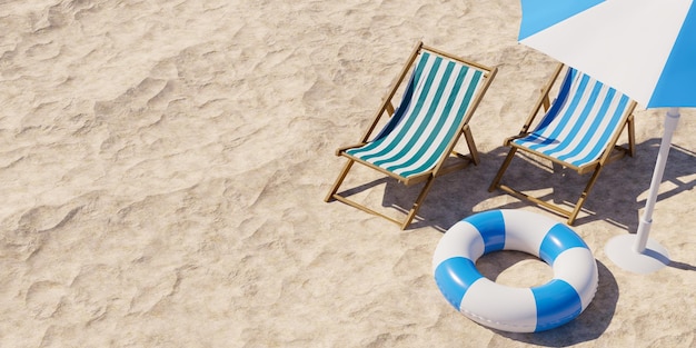 Fond de concept de vacances à la plage d'été avec parasols chaises de plage et tubes de natation dans le sable rendu 3d