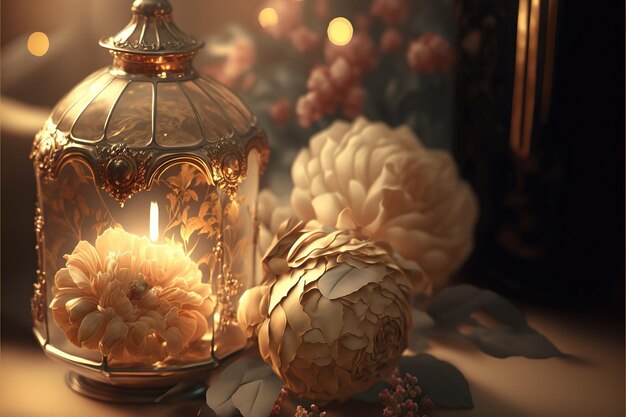 Fond de conte de fées doux et mystérieux avec des fleurs et des bougies allumées générées par Ai