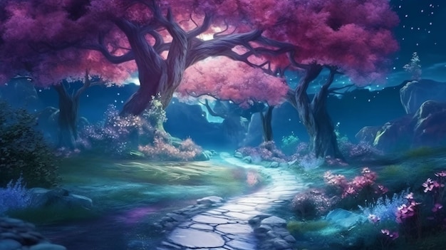 fond de conte de fées fantastique avec forêt et fleur