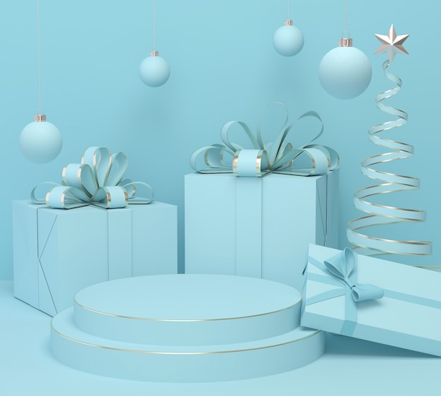 Fond de couleur pastel de Noël vacances avec une boîte-cadeau et un présentoir podium, rendu 3d.