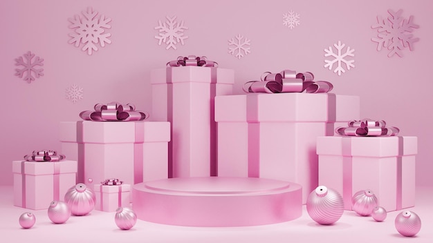 Fond de couleur rose pastel de vacances Noël et bonne année avec une boîte-cadeau et un présentoir de podium pour le spectacle Présentation de l'emballage des produits de luxe.,Modèle 3d et illustration.