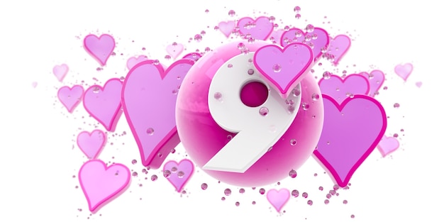 Photo fond en couleurs roses avec des coeurs et des sphères et le numéro neuf