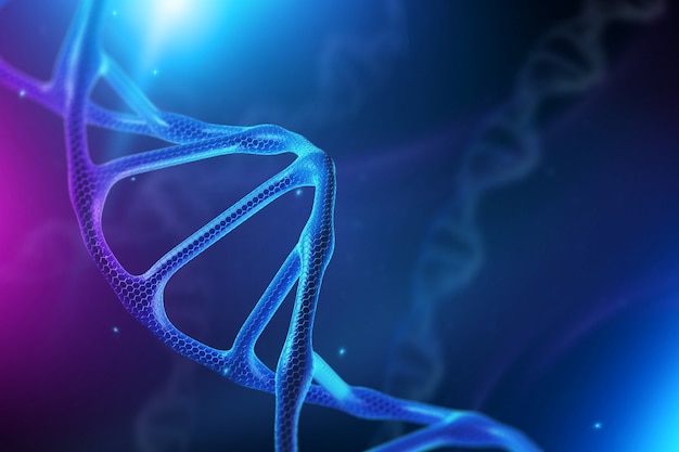 Fond créatif, structure de l&#39;ADN, molécule d&#39;ADN sur fond bleu, ultraviolets.