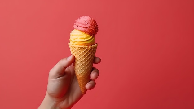 Fond de crème glacée avec fond et main tenant le cône Generative Ai