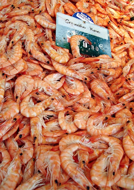 Photo un fond de crevettes fraîches à vendre à un marché aux poissons