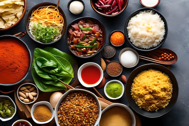 Fond de cuisine asiatique avec divers ingrédients sur fond de pierre rustique vue de dessus cuisine vietnamienne ou thaïlandaise