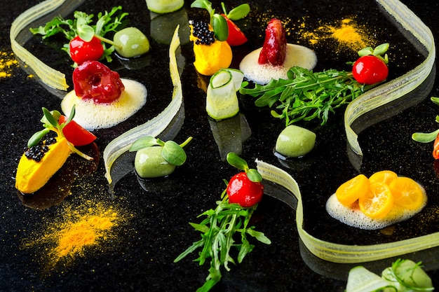 Photo fond de cuisine moléculaire concept d'avant-garde de la gastronomie abstraite